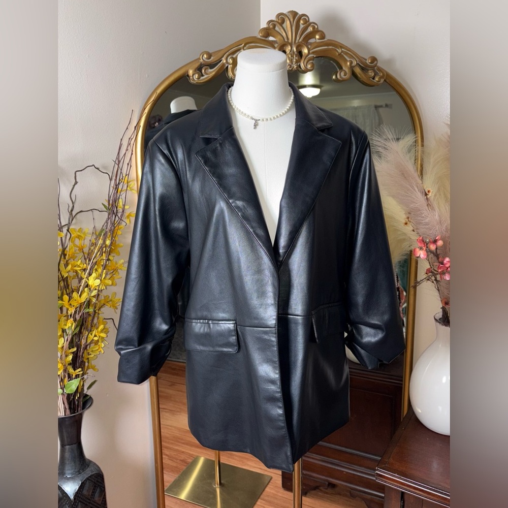 Bagatelle Womens Black Open Front Faux Leather Jacket Blazer Size XL